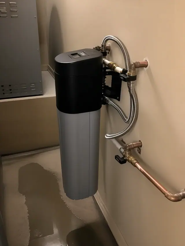Newly installed saltless water softener with copper pipes in a Queen Creek, AZ apartment mechanical room.