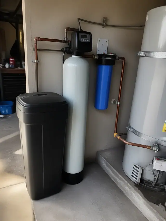 Water softener and filtration system installed next to a water heater in a Phoenix, AZ garage.