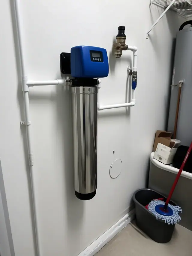 Salt-free water conditioner installed on a residential wall in Mesa, AZ.