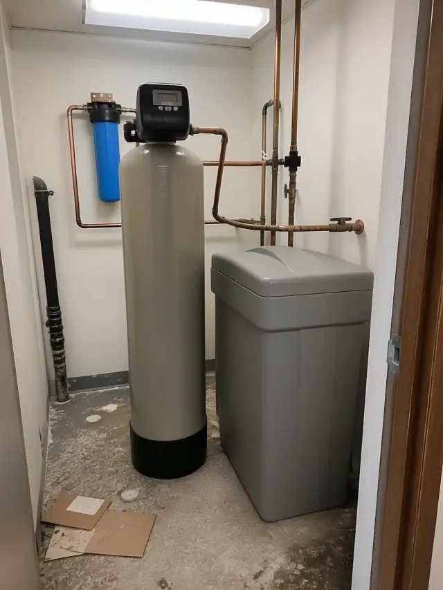 A water filtration and softening system installed in a utility closet in Mesa, AZ.