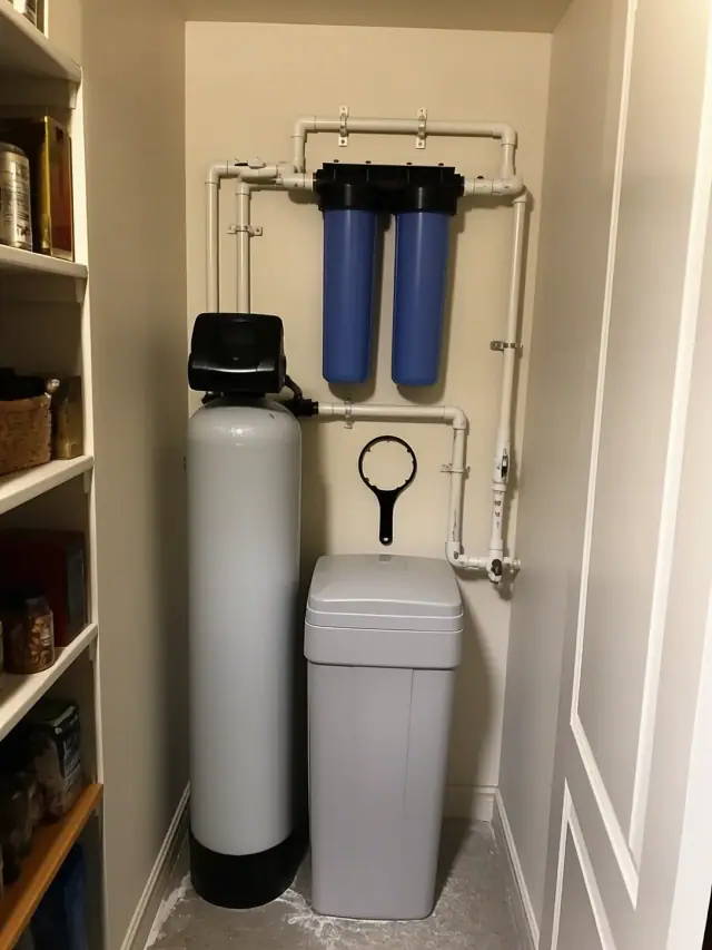 Water softener and carbon filtration system installed against a pantry wall in a home in Gilbert, AZ.