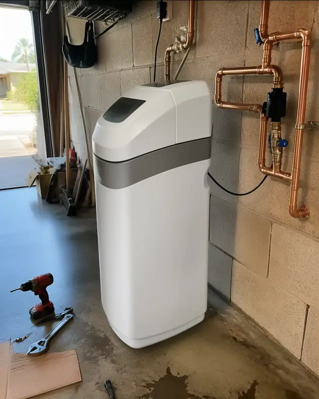 Smart water softener unit with copper pipes installed against a cinder block wall in a Mesa, AZ garage.