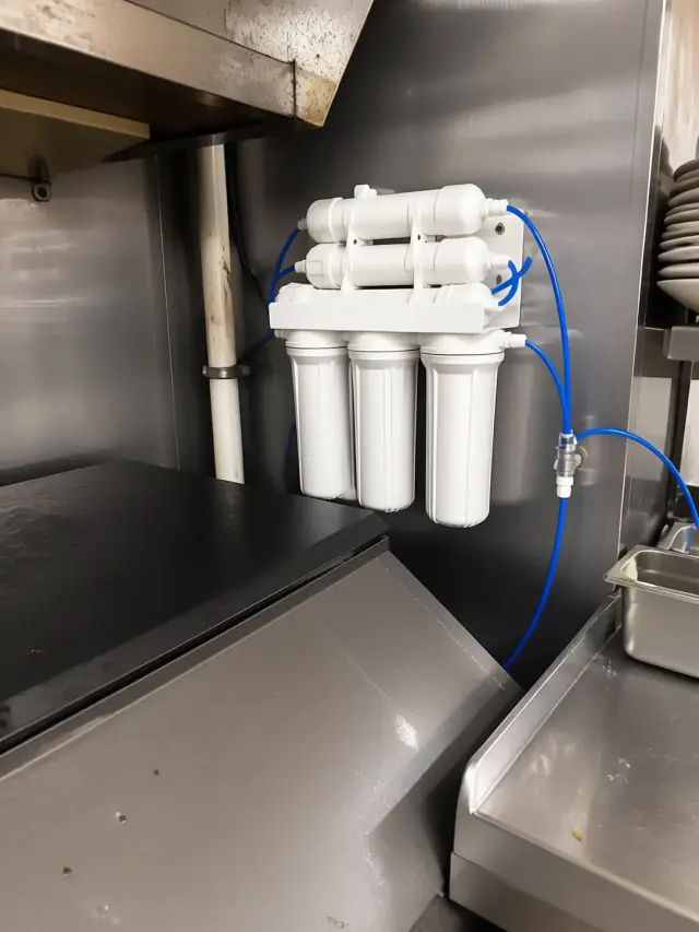 Reverse osmosis water filtration system installed on a stainless steel wall in a Mesa, AZ restaurant kitchen.