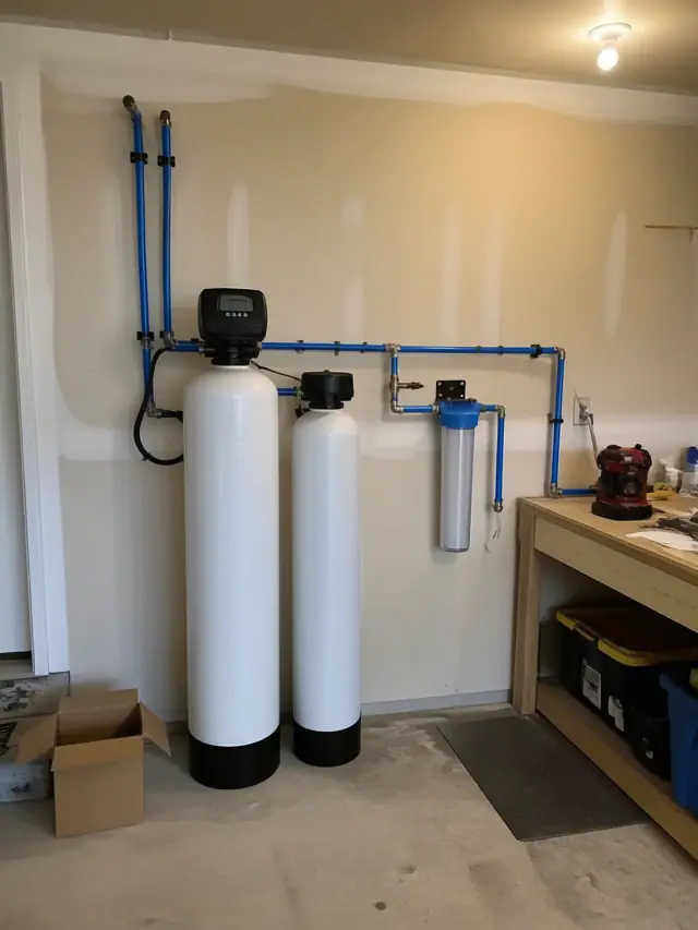 Whole-house water treatment system installed in a garage in Mesa, AZ.