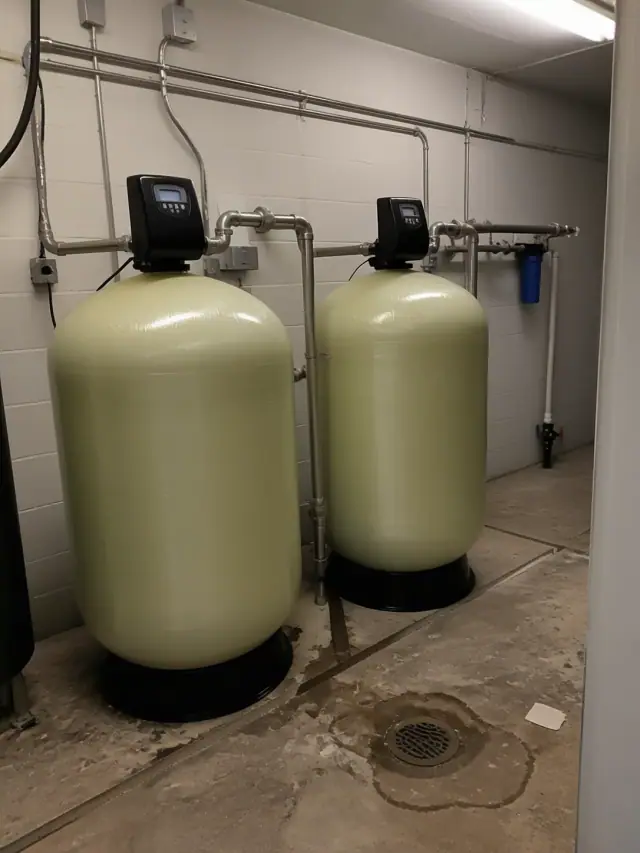 Commercial water softener system with stainless steel pipes installed in a mechanical room in Mesa, AZ.