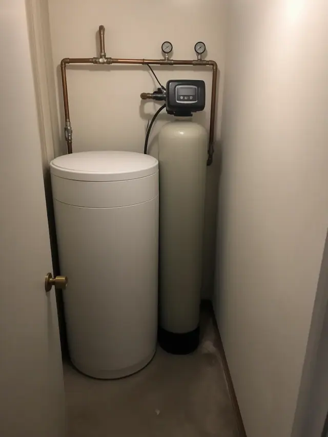 Newly installed salt water softener system with copper piping in a utility closet in Gilbert, AZ.