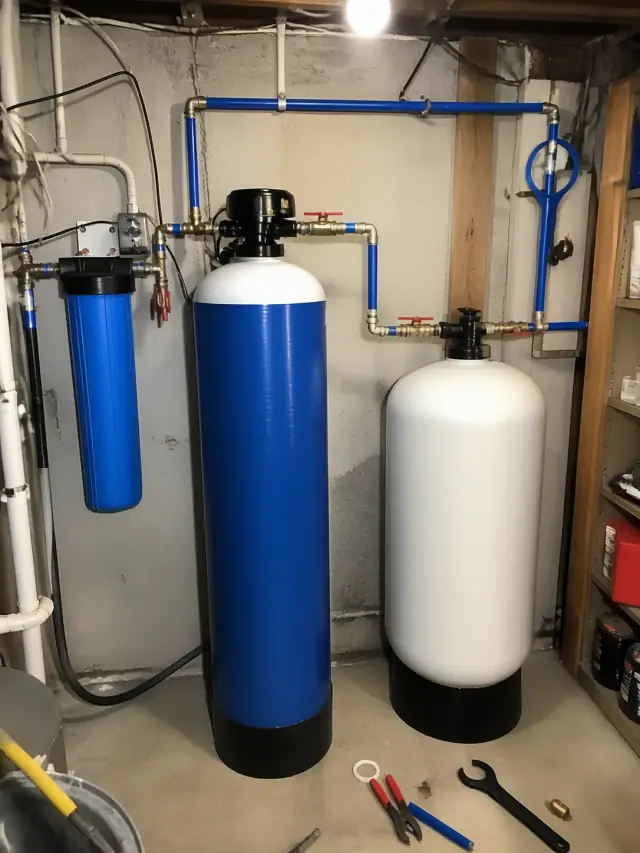 Whole-house water filtration system with blue and white tanks and PEX piping installed in a utility room in Mesa, AZ.