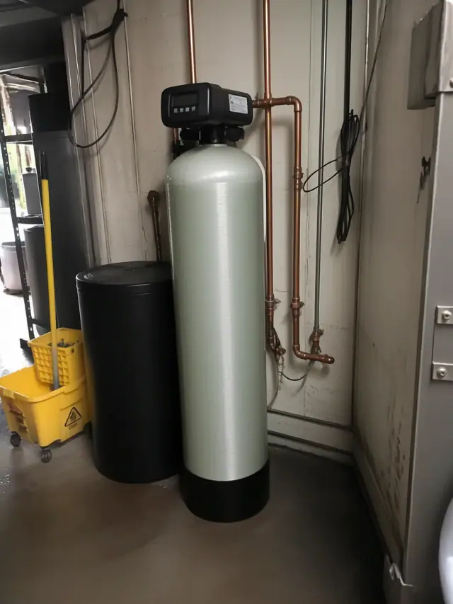 Industrial water softener with copper piping installed in a restaurant back room in Gilbert, AZ.