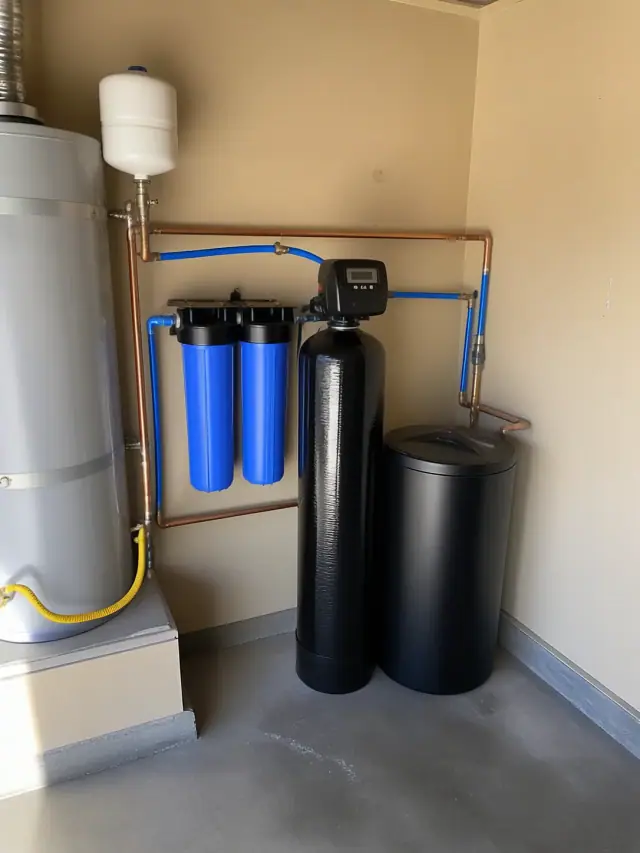 New water softener system with blue tanks and copper piping installed in an Apache Junction, AZ garage.