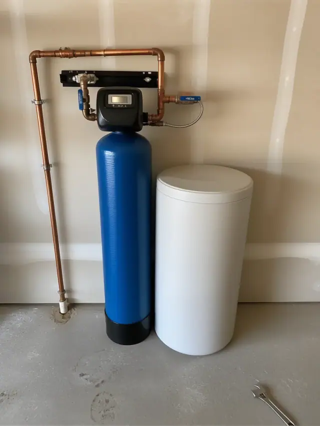 Newly installed water softener system with blue filtration and white brine tank in a Queen Creek, AZ garage.