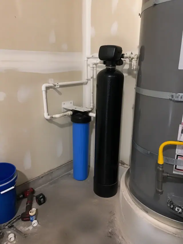 Iron removal water treatment system installed in a residential garage in Mesa, AZ.
