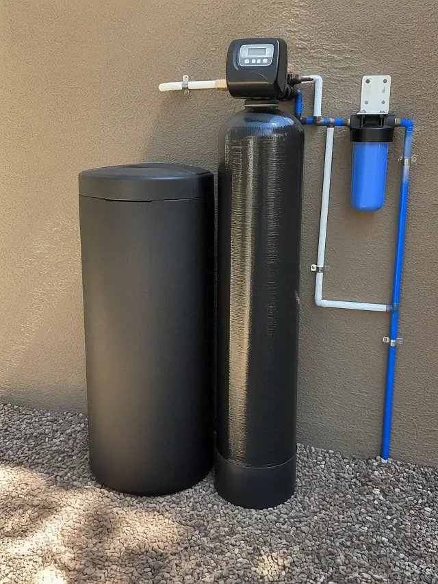 Newly installed water softener system with PEX plumbing against a stucco wall at a home in Gilbert, AZ.
