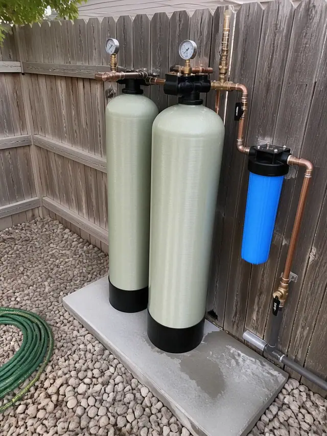 Iron and mineral reduction water filtration system installed in a residential backyard in Mesa, AZ.