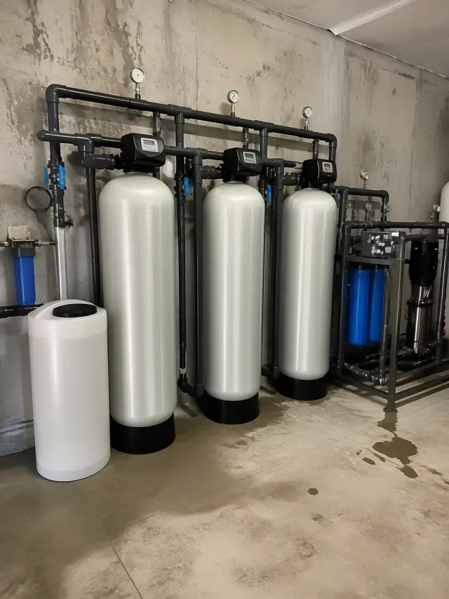 Commercial water filtration system with silver tanks and piping in a utility room in Mesa, AZ.