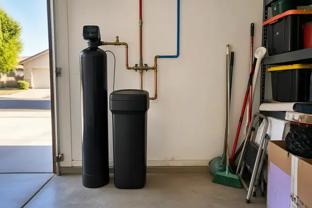 Water softener system with PEX plumbing installed in a residential garage in Mesa, AZ.