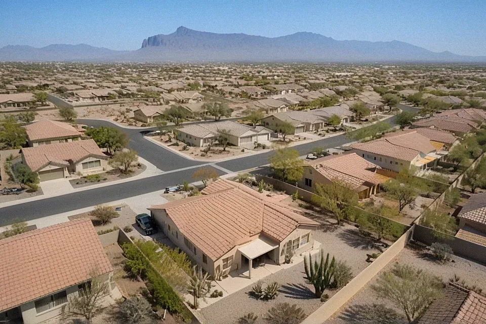 Aerial view of a residential neighborhood with terracotta-roof homes and desert landscaping in Mesa, AZ.