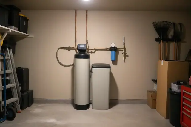 Water softener system with copper piping installed in a residential garage in Mesa, AZ.