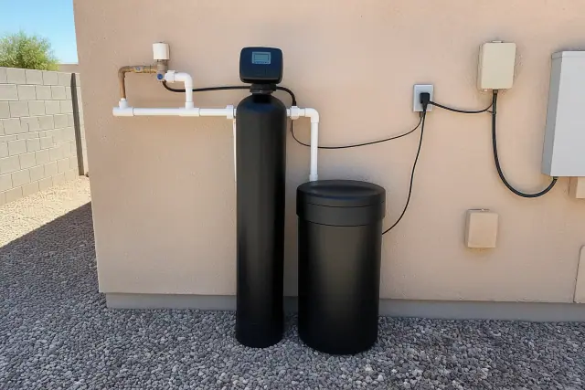 Water softener unit with white PVC plumbing installed on a beige stucco wall at a home in Mesa, AZ.