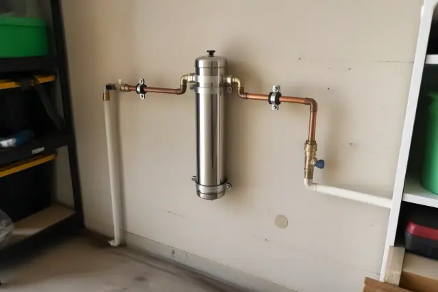 Salt-free water softener installed on a garage wall with copper pipes in Mesa, AZ.