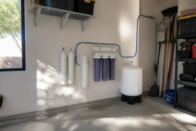 Reverse osmosis water filtration system installed on a garage wall in Mesa, AZ.