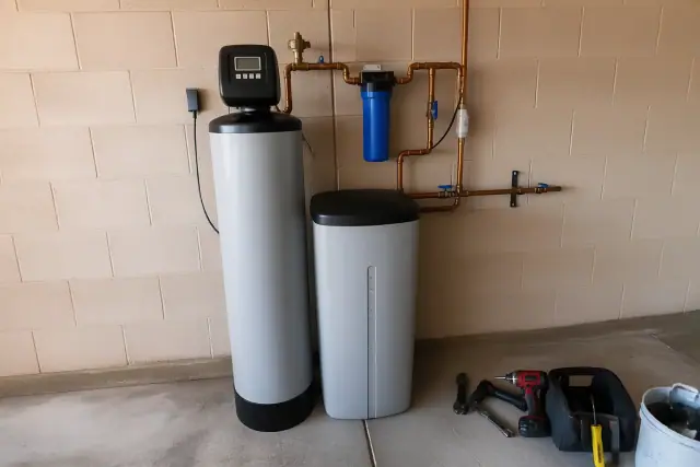 Water softener system with a brine tank and plumbing installed against a beige concrete wall in a Mesa, AZ garage.