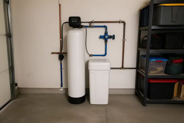 White water softener tank with blue plumbing installed in a garage in Mesa, AZ.