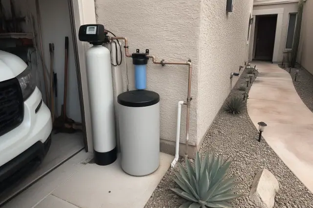 Water softener system installation in a garage water filtration zone at a house in Mesa, AZ.