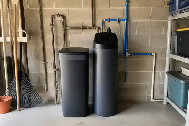 New water softener system with PEX plumbing installed in a residential garage in Mesa, AZ.