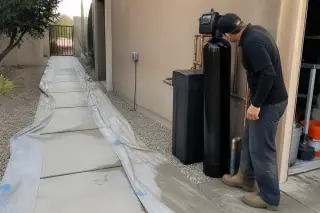 Service professional inspecting a water softener system near an occupied garage in Mesa, AZ.