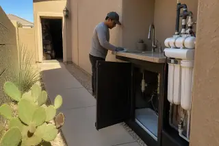 Reverse osmosis water filtration system with organized plumbing installed at a home in Mesa, AZ.