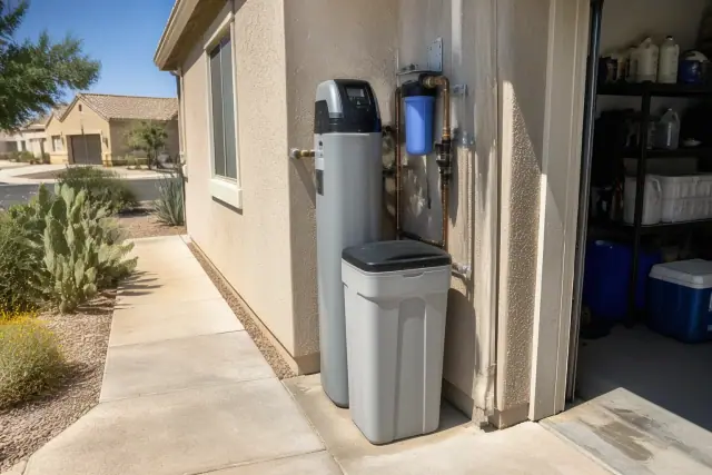 Water softener installation in a residential yard with desert landscaping in Mesa, AZ.