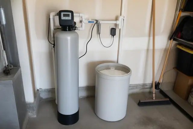 Freshly serviced water softener with a clean brine tank installed in a residential garage in Mesa, AZ.