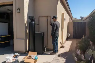 Technician inspecting plumbing pipes and valves beside a house and prickly pear cacti in Mesa, AZ.