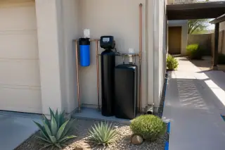 Water filtration system with copper piping installed near a garage in Mesa, AZ.
