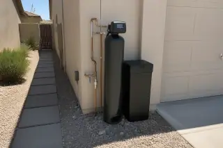 Saltless water softener with copper pipes mounted on a stucco exterior wall at a home in Mesa, AZ.