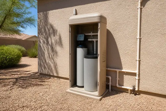 Water softener with a beige protective enclosure installed on an exterior wall at a home in Mesa, AZ.