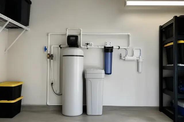 Water softener and filtration system installed on a garage utility wall in Mesa, AZ.