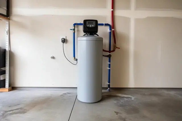 Water softener installed with PEX plumbing on a residential garage wall in Mesa, AZ.