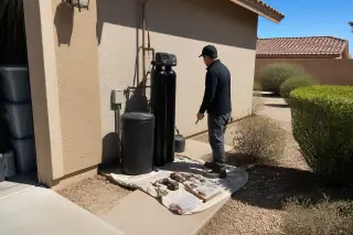 Technician cleaning up tools and plumbing materials after a water softener repair at a house in Mesa, AZ.