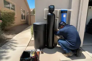 Technician inspecting a water softener system installed outside a house in Mesa, AZ.