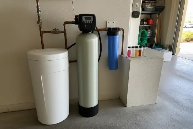 Water softener system with copper piping and a water testing kit installed in a residential garage in Mesa, AZ.