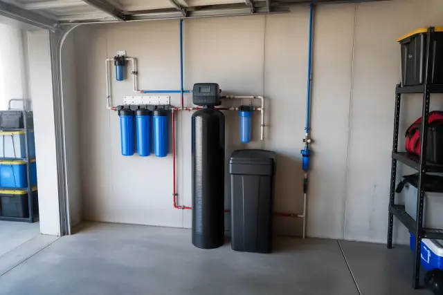 Salt-free water softener and well-water filtration system installed on a garage wall in Mesa, AZ.