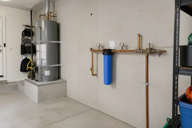 Whole-house water filter system with blue housing and copper pipes installed in a residential garage in Mesa, AZ.