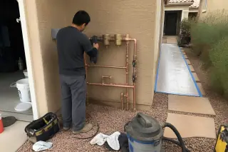 Worker inspecting plumbing connections and cleanup tools for a whole house filtration system in Mesa, AZ.
