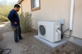 Technician performing a final inspection of an outdoor ductless heat pump unit on a concrete pad in Phoenix, AZ.