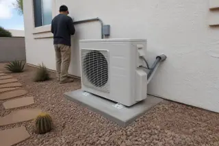 Outdoor mini split compressor on a concrete pad by a stucco wall in Phoenix, AZ.