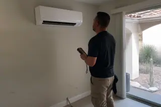 Service technician using diagnostic tools on an indoor mini split unit in a Phoenix, AZ home.