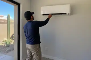 Technician inspecting an indoor mini split unit mounted on a finished wall in Phoenix, AZ.