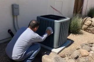 Contractor wiping down an outdoor mini split compressor on a concrete pad in Phoenix, AZ.