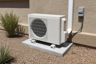 Outdoor mini split compressor unit on a concrete slab with desert landscaping in Phoenix, AZ.